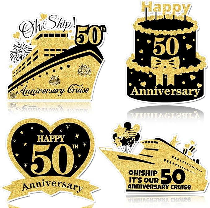 4 PCS Large 50th Anniversary Cruise Door Magnets Decorations Happy 50th Anniversary Cruise Ship Door Decor Magnetic Wedding Magnets Garage Refrigerator Car Magnets for Cabin Stateroom (Black Gold)
