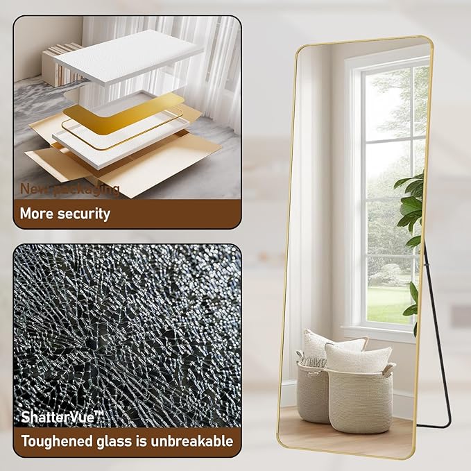 BEAUTYPEAK Gold Full Length Mirror, 71"x26" Rounded Corner Floor Mirror Standing Hanging or Leaning Against Wall, Suitable for Bedroom or Dressing Room