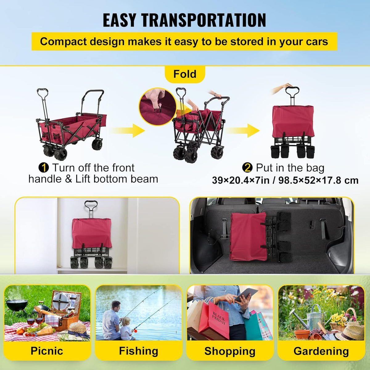 Happbuy Collapsible Wagon with Removable Canopy, 220lbs Heavy Duty Foldable Beach Wagon with Big Wheels