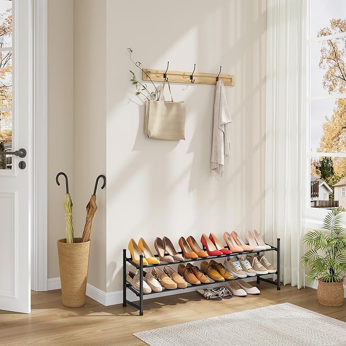 Tajsoon Expandable Shoe Rack for Closet 2 Tier, 28“-41“ Adjustable & Stackable Shoe Shelf Storage, Metal Shoe Rack Organizer for Front Door Entrance, Closet, Garage, Entryway, Black