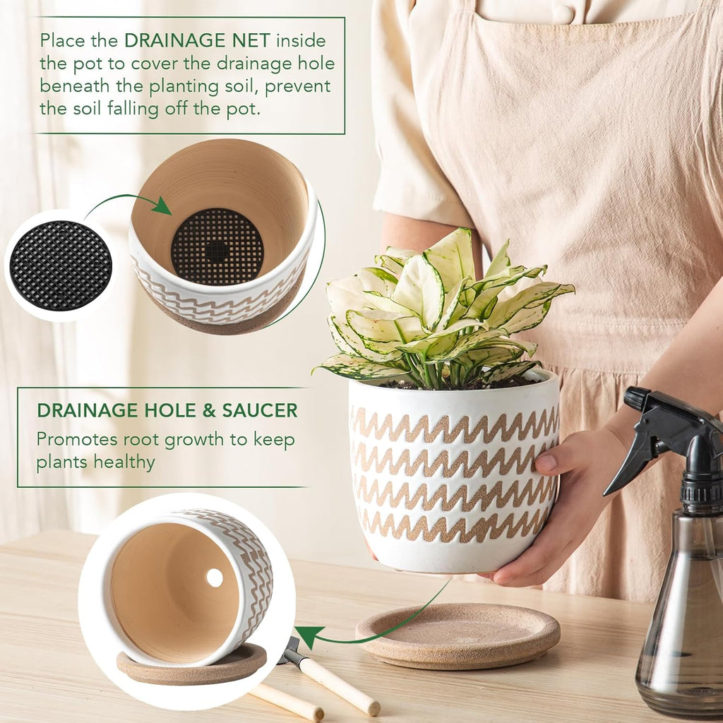 Ceramic Flower Pots Indoor-Outdoor: 5.75 Inch Planters with Drainage Holes & Saucer - Modern Decorative Plant Pots Ceramic for Home Gardeners (Wave)