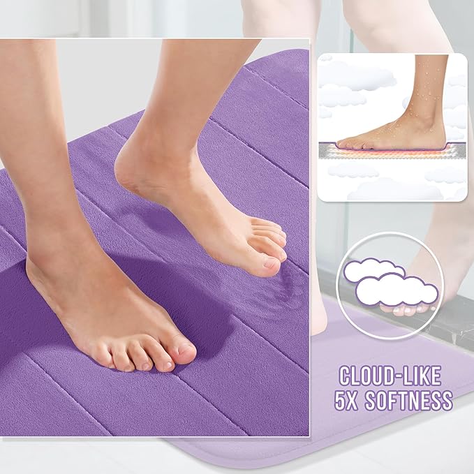 Yimobra Memory Foam Bath Mat, Super Soft Absorbent Bathroom Rug Non Slip 24x17 Inch, Quick Dry, Machine Washable Floor Carpet for Tub Shower, Home Decor Accessories, Lavender