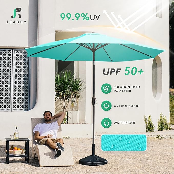 JEAREY 10FT Outdoor Patio Umbrella Outdoor Table Umbrella with Push Button Tilt and Crank, Market Umbrella 8 Sturdy Ribs UV Protection Waterproof for Pool, Garden (Turquoise)