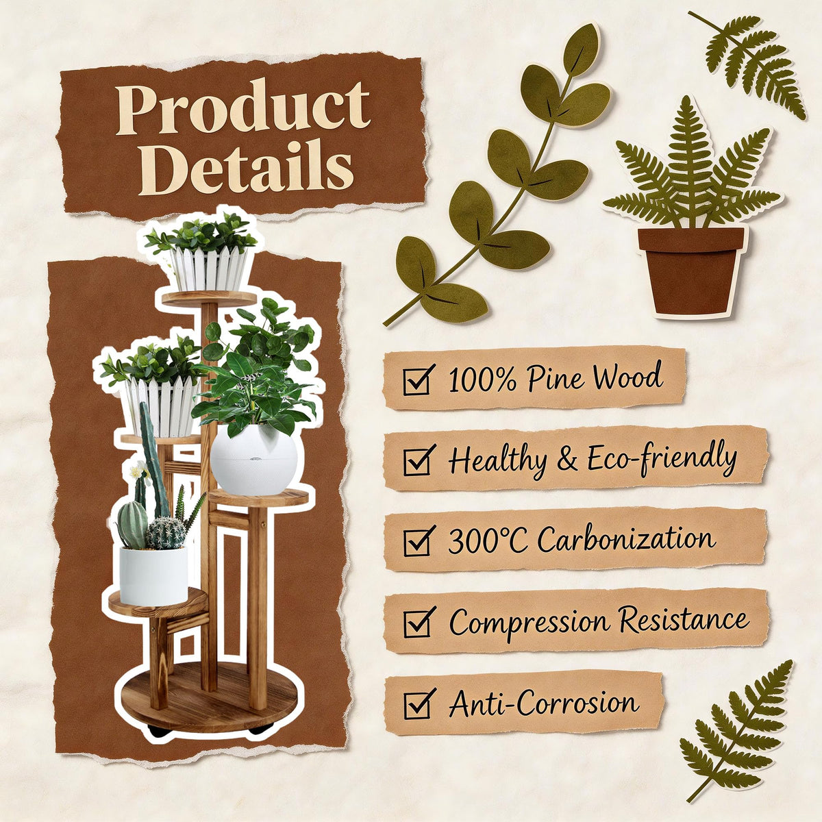 GEEBOBO 5 Tiered Tall Plant Stand for Indoor