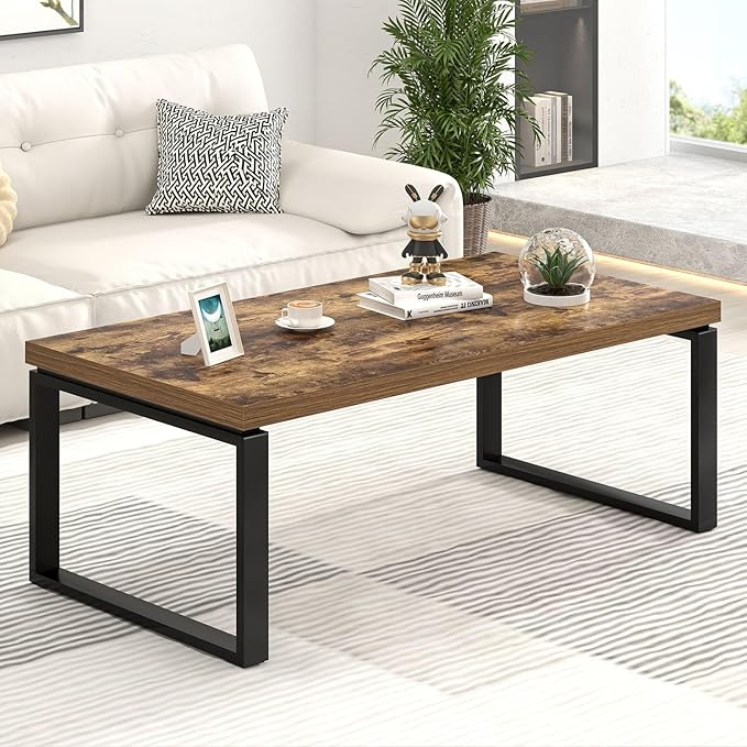 EXCEFUR Modern Coffee Table, Industrial Wood and Metal Center Table for Living Room, Rectangle Cocktail Tea Table for Home Office, Rustic Brown, 47 Inch