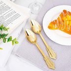 WDF 100 Piece Gold Plastic Spoons Disposable - 6.93 Inch Baroque Gold Spoons Plastic Silverware for Dessert Cake - Heavy Duty for Thanksgiving Party, Wedding or Daily Using
