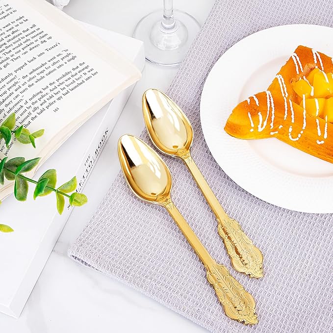 WDF 100 Piece Gold Plastic Spoons Disposable - 6.93 Inch Baroque Gold Spoons Plastic Silverware for Dessert Cake - Heavy Duty for Thanksgiving Party, Wedding or Daily Using