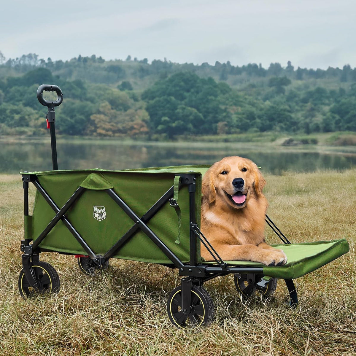 TIMBER RIDGE 49" Extra Long Collapsible Folding Wagon with Tailgate and Brakes, 300lbs Heavy Duty Wagon Carts Foldable, 250L Capacity Portable Cart for Dogs, Garden, Outdoor Camping Sports, Green