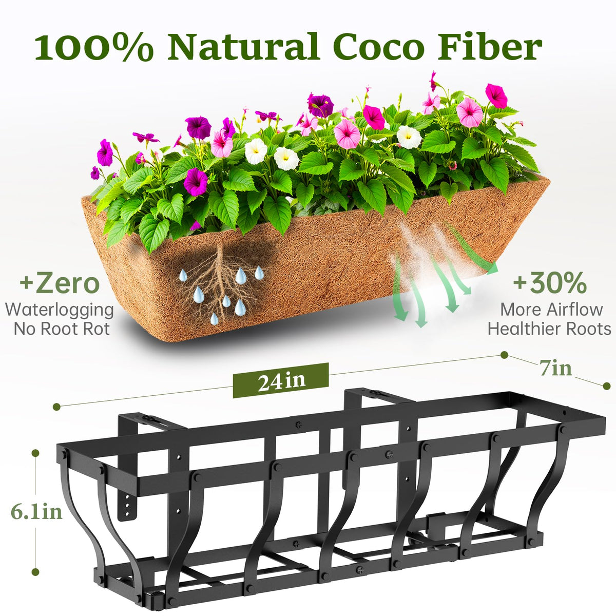 VOXOR Railing Planter Boxes, Heavy Duty Window Box Planters, Adjustable Balcony Planters for Railing Hanging, with Coco Liner for Deck, Porch, and Patio Gardening (2 Pack, 24 Inch)