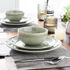 AmorArc Ceramic Dinnerware Sets for 4, 12 Pieces Handpainted Plates and Bowls Set, Scratch Resistant Stoneware Dishes Set, Dishwasher & Microwave Safe, Olive Green