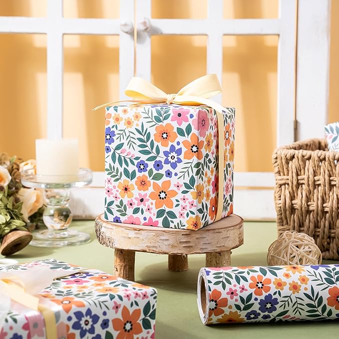 WRAPAHOLIC Kraft Floral Wrapping Paper Roll - Mini Roll - 17 Inch x 9.8 Feet - Ditsy Flower Wrapping Paper, Perfect for Wedding, Birthday, Bridal Shower, Tea Party