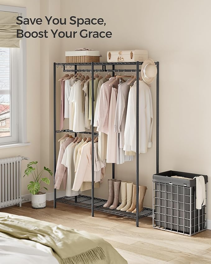 SONGMICS Clothes Rack, Freestanding Wardrobe Closet, Metal Clothing Racks, Heavy-Duty Garment Rack with Adjustable Shelves, Hanging Rods, Dividable, 15.8 x 47.2 x 70.9 Inches, Ink Black ULGR423B01
