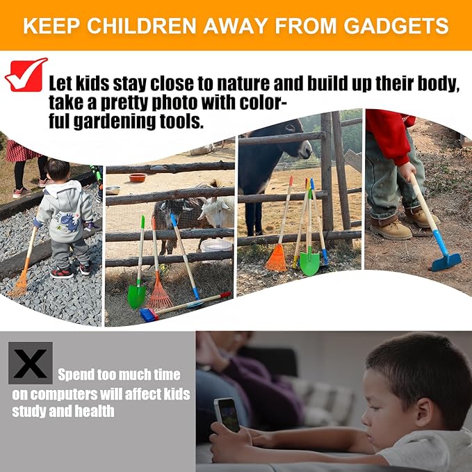 Kids Shovel, Rake for Leaves, Spade, Hoe and Broom, 5Pcs Kids Garden Tools, Gardening Yard Outdoor Toy Gifts for Boys Girls Age 3 4 5 6 7 8 Years Old