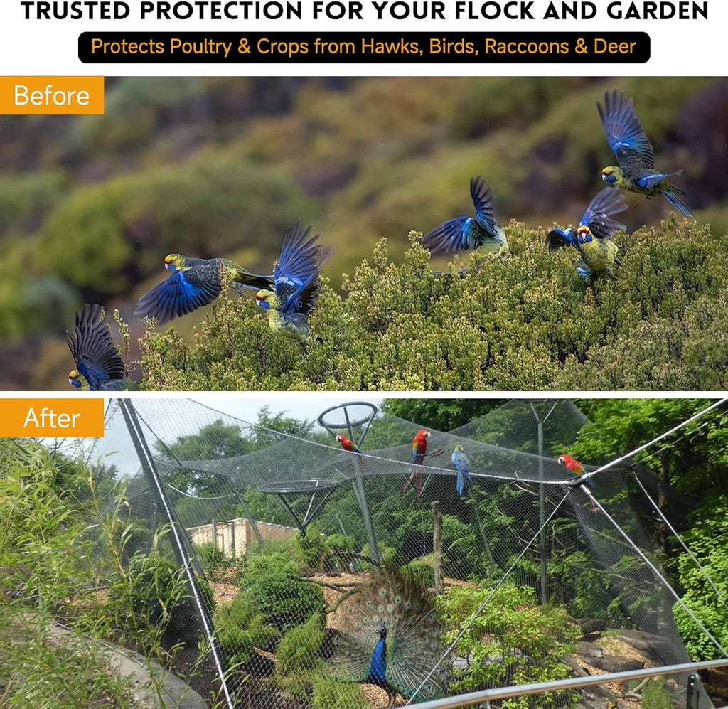 Heavy Duty Bird Netting for Chicken Coop with 1" Mesh, 50x50 ft Reinforced HDPE Poultry Netting, Durable & Reusable Chicken Netting for Hawks, Predator Proof for Farm, Fence, Garden & Orchard