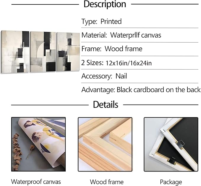 3Pcs Framed Neutral Abstract Canvas Wall Art Floral Pictures Modern Minimalist Posters Prints Beige Black Flower Wall Decoration for Living Room Bedroom Bathroom Office 16x24in