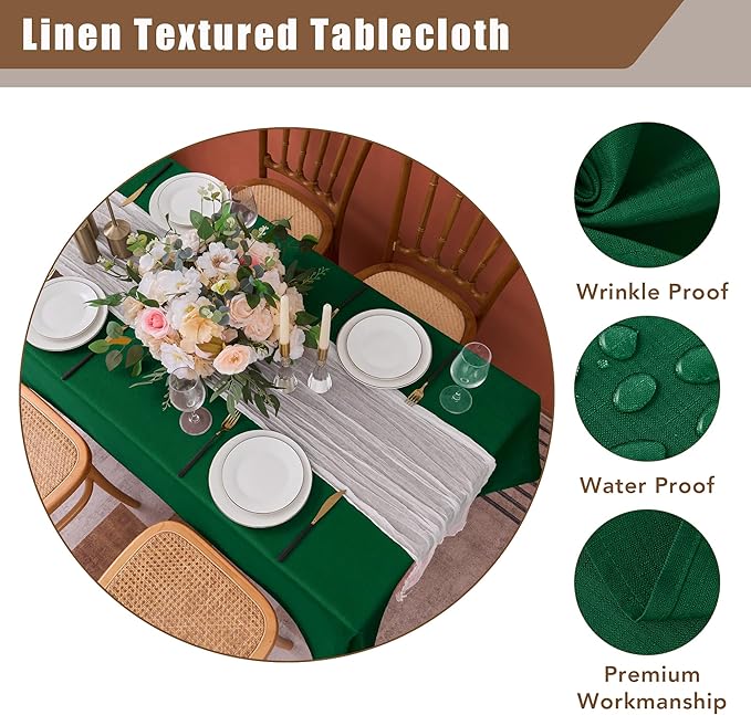 Fitable 2 Pack Faux Linen Christmas Tablecloths, Burlap Textured Fabric Table Cloth Rectangle, Decorative Table Covers for Winter Holiday Dinner Party Farmhouse (Hunter Green, 60 x 84 Inch)