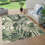 in- & Outdoor Rug Tropical Palm Leaf Design for Patio in Green Beige, Size: 6'7" x 9'6"
