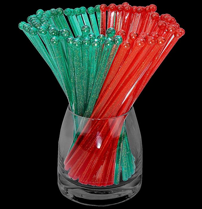 100-PCS Christmas Green and Red Glitter Plastic Swizzle Sticks, Crystal Cake Pops, Cocktail Coffee Drink Stirrers, Stir Sticks, 7.24 Inch