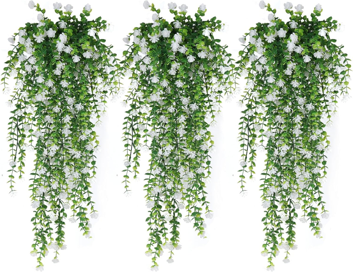 RECUTMS Artificial Hanging Plants Fake Hanging Plant Faux Eucalyptus Leaf Greenery Vine Outdoor UV Resistant Plastic Plants Home Garden Wedding Party Indoor Outdoor Decorations(White)