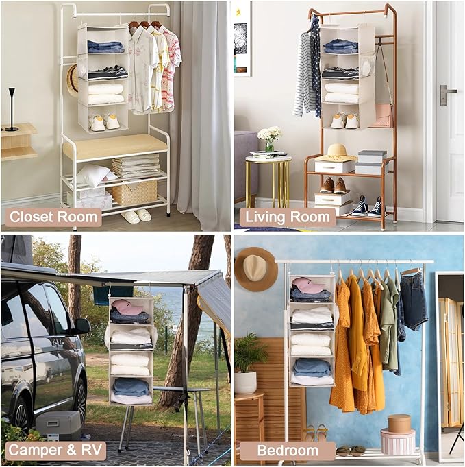 MAX Houser 4 Tier Shelf Hanging Closet Organizer, Closet Hanging Shelf with 2 Sturdy Hooks for Storage,2 Pack, Foldable (Beige)