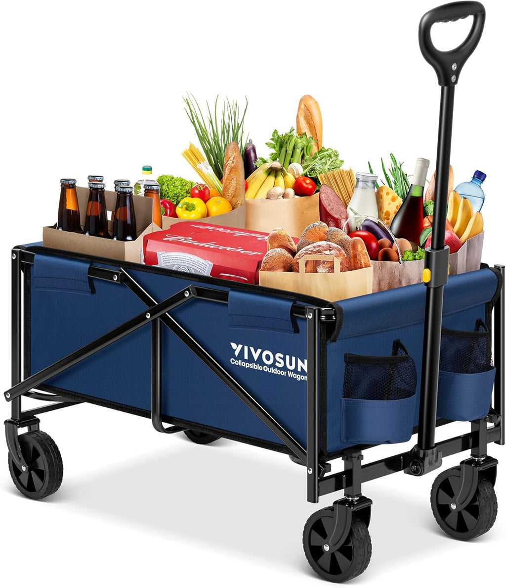 VIVOSUN Collapsible Folding Wagon, Outdoor Utility with All-Terrain Wheels, Adjustable Handle, Cup Holders & Side Pockets, for Camping, Shopping, Garden, 210Lbs Capacity, Blue
