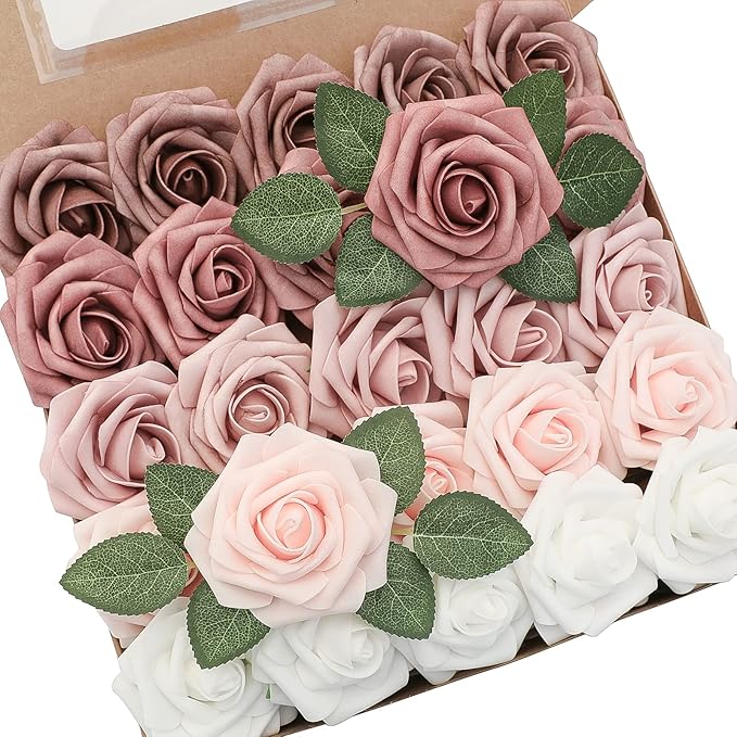 Floroom Artificial Flowers 25pcs Real Looking Dusty Rose Ombre Colors Foam Fake Roses with Stems for DIY Wedding Bouquets Bridal Shower Centerpieces Floral Arrangements Party Tables Home Decorations