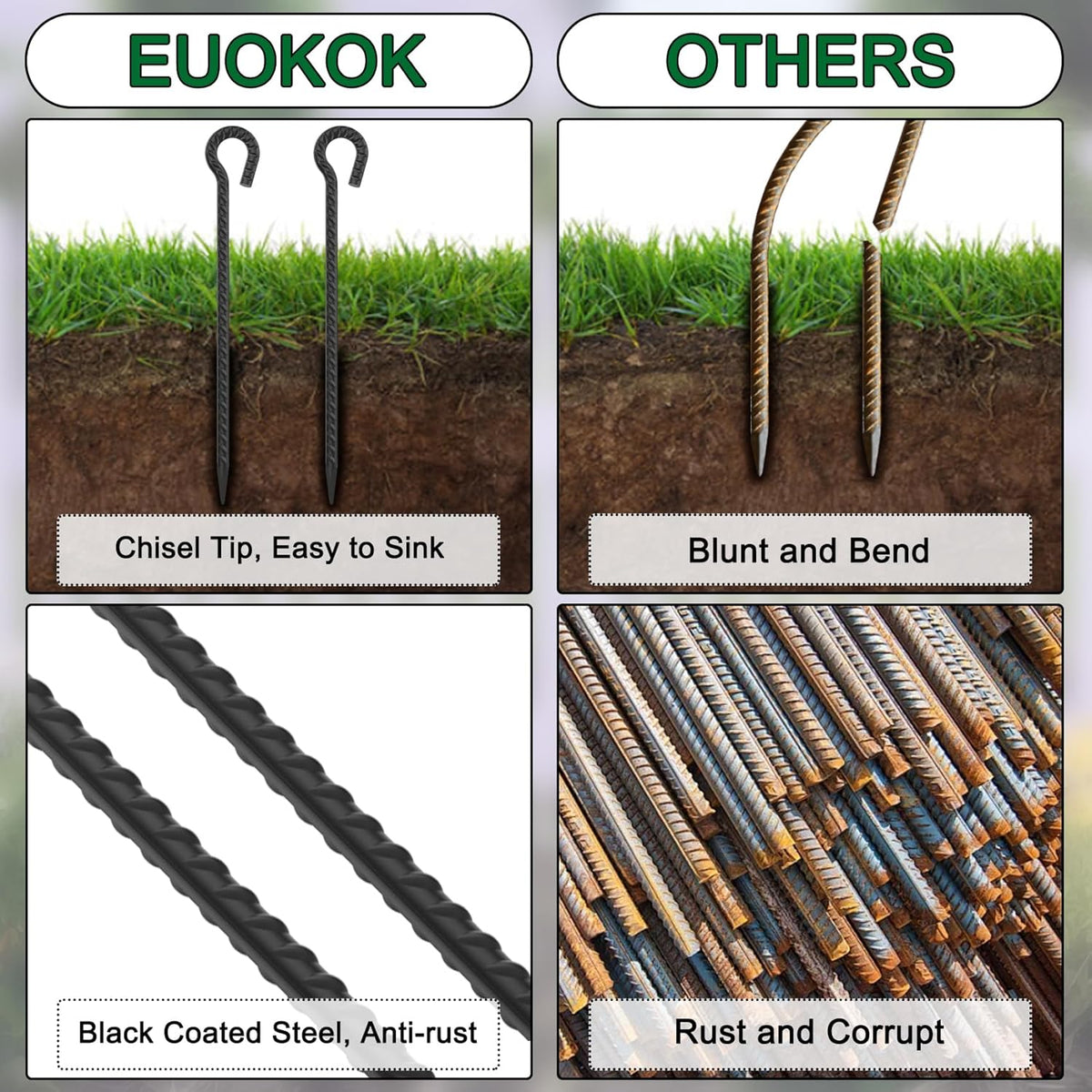 18 Inch Rebar Stakes with Loop 12 Pack Camping Tent Ground Anchors Heavy Duty 1/2 Inch Diameter Metal Tree Stakes and Supports for Leaning Trees, Dog Tie Out Stake, Garden Rope Fence Stakes, Black