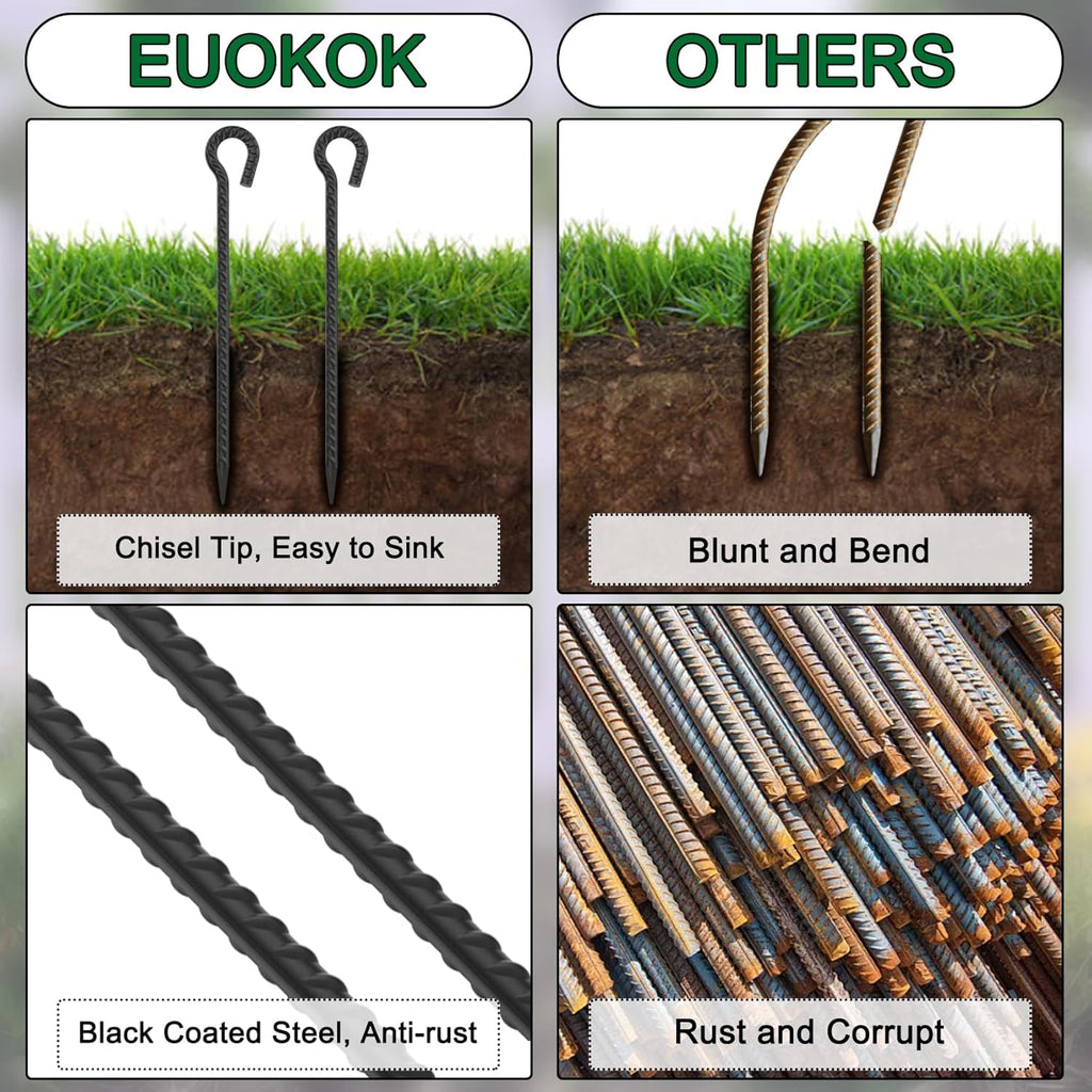 Rebar Stakes 24 Inch with Loop (Set of 6) | 1/2 Inch Thick Tree Stakes and Supports, Steel Tarp Pegs, Camping Tent Ground Anchors | Create Rope Border, Fence, Pathway | for 1.18" Diameter Rope (Black)