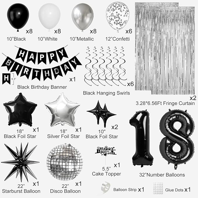 18th Birthday Decorations for Boys Girls, Black Silver Happy Birthday Party Decorations， 18 Year Old Party Supplies with Number 18 Balloons, Banner, Fringe Curtains Kit