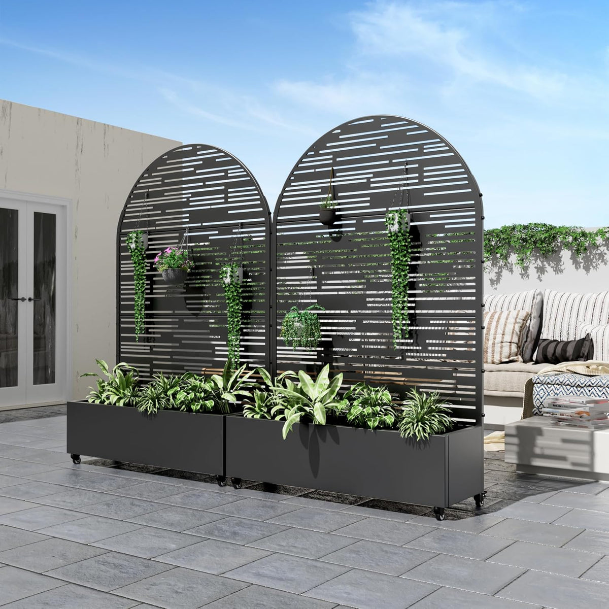 Casaphoria Metal Raised Garden Bed with Trellis and Wheels, 72"x47"x16" Arched Planter Box for Climbing Plants, Vegetables & Vines, Features Drainage Holes and Privacy Screen (Black-Shine)