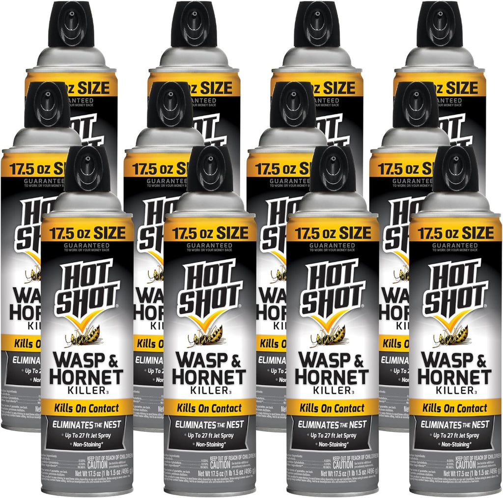 Hot Shot Wasp And Hornet Killer 17.5 Ounces, Bonus Size, Up to 27-Foot Jet Spray, 12 Pack, Black