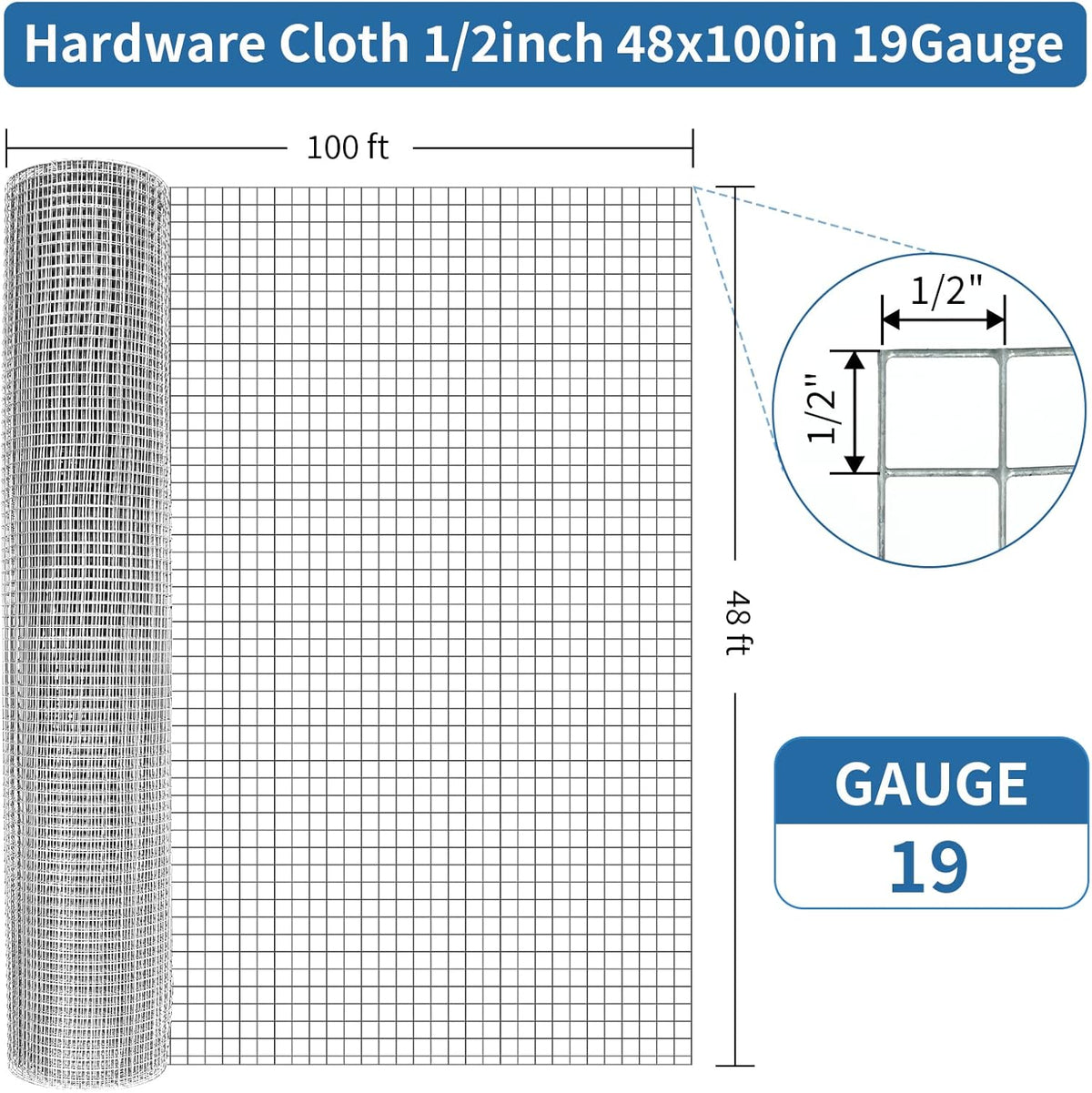 Hardware Cloth 1/2 Inch 48in X 100ft- Hot Dip Galvanized After Welding Wire Mesh Roll, 19 Gauge Chicken Wire Fencing for Garden Fencing Chicken Coop Wall Decoration Tree Guard Hardware Mesh
