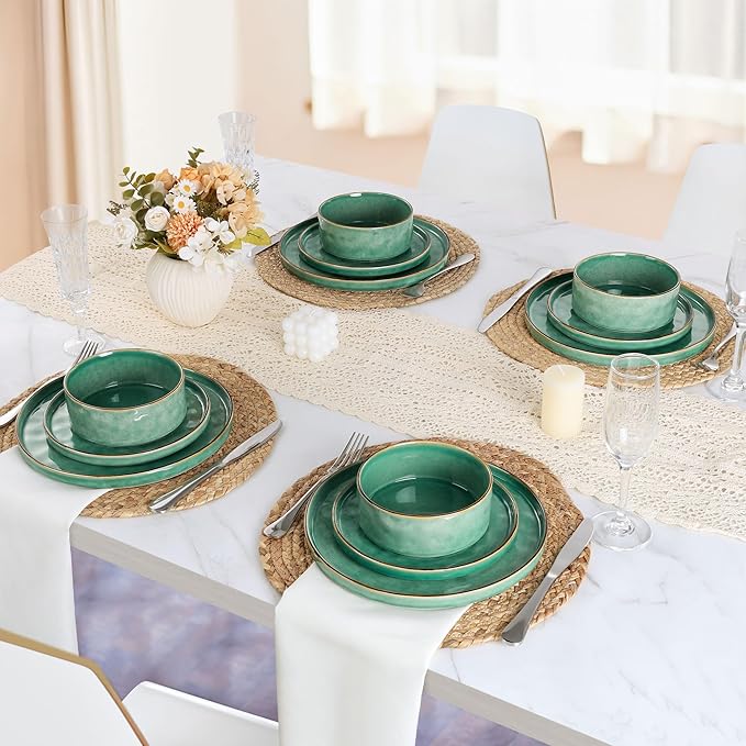 LIANYU 16 Piece Dinnerware Sets with Double Bowls, Plates and Bowls Dish Set for 4, Ceramic Dinner Ware Dishware for Kitchen Dining, Microwave & Dishwasher Safe, Emerald Green