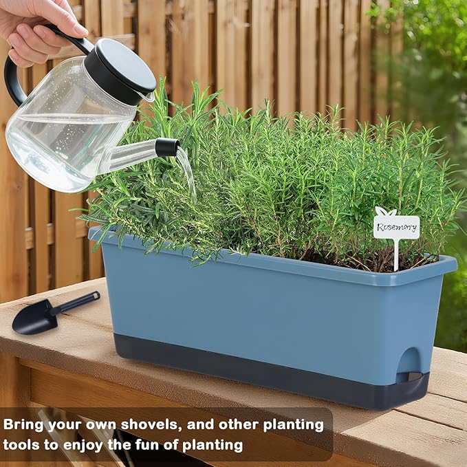 Window Box Planter 4 Packs, 17 Inches Rectangle Flower Pots with Drainage Holes & Trays, Pots for Vegetables, Herbs, Flowers, Garden Windowsill Balcony (Blue, 17 * 5.1 * 6 inch)