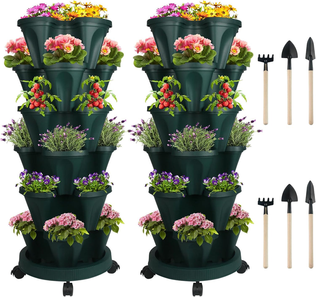Vertical Planter 6 Tier Stackable Planters Garden Planters Strawberry Herb Flower and Vegetable Planter Indoor Outdoor Gardening Pots with Removable Wheels and Tools 2-Pack