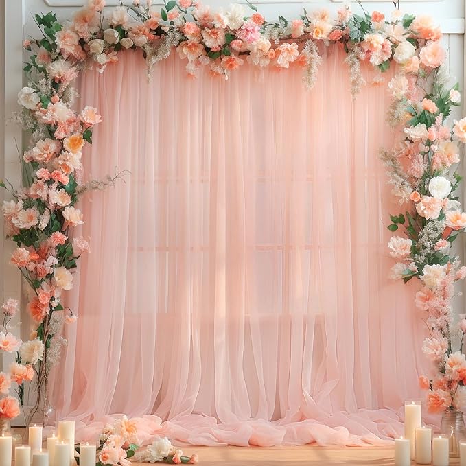 10x10 Peach Tulle Backdrop Curtains for Parties, Sheer Backdrop Curtain Wedding Photo Background Drapes for Baby Shower Photography Birthday Party