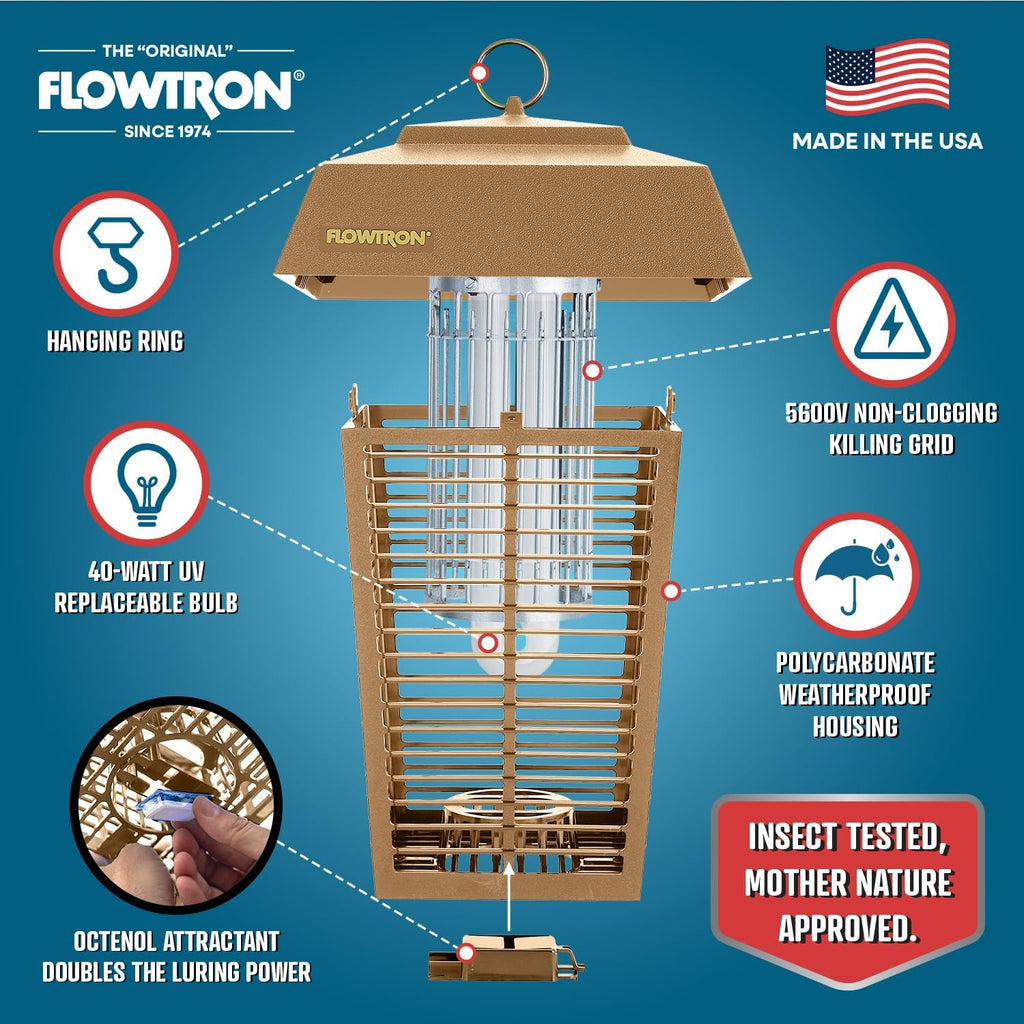 Flowtron Bug Zapper, 1 Acre of Outdoor Coverage with Powerful 40W Bulb & 5600V Instant Killing Grid, Electric Insect, Fly & Mosquito Zapper, Made in The USA - Tan Color