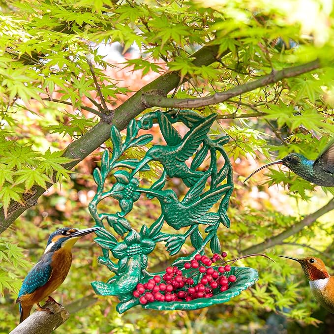 Sungmor Cast Iron Wall Mounted Bird Feeder, Cute Hummingbird Decor Small Water Bath, Wall Hanging Fence Bird Bath Feeder, Beautiful Green Birdfeeder for Garden Backyard Patio Wall Decoration
