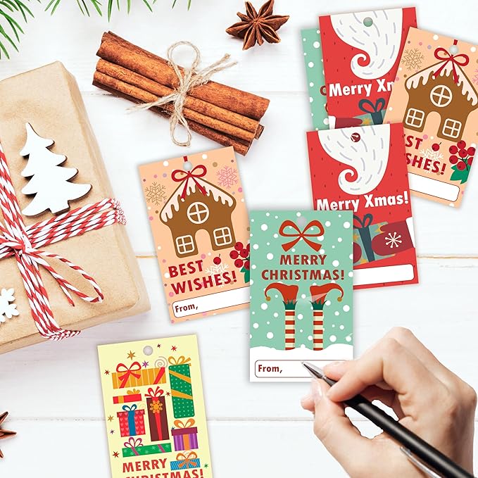 40 Pcs Christmas Gift Tags, 2.1"×3.5" Merry Xmas Paper Tags with String, Hanging Christmas Presents Label Wrapping for Party FavorDecorations, 4 Styles - A04