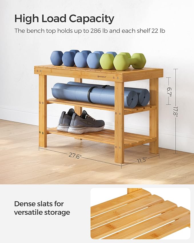 SONGMICS Shoe Rack Bench, 3-Tier Bamboo Shoe Storage Organizer, Entryway Bench, Holds Up to 286 lb, 11.3 x 27.6 x 17.8 Inches, for Entryway Bathroom Bedroom, Natural ULBS04N
