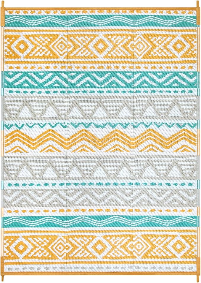 Lahome Waterproof Outdoor Rug 9x12, Reversible Outdoor Plastic Straw Rug for Patio, RV Camping Rugs Picnic Mat Outside, Large Outdoor Carpet for Beach Deck Backyard(Blue/Yellow,9'x 12')