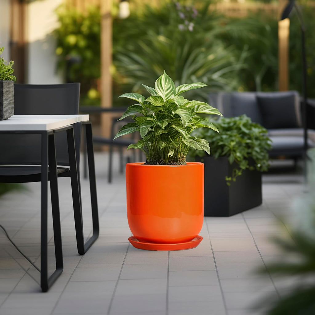 12 Inch Pots for Plants - Ceramic Planter with Drainage Hole and Saucer, Decorative Round Large Plant Pot for Indoor Outdoor Plants, Plant Lover Gifts, Home Office Garden Decor, Orange