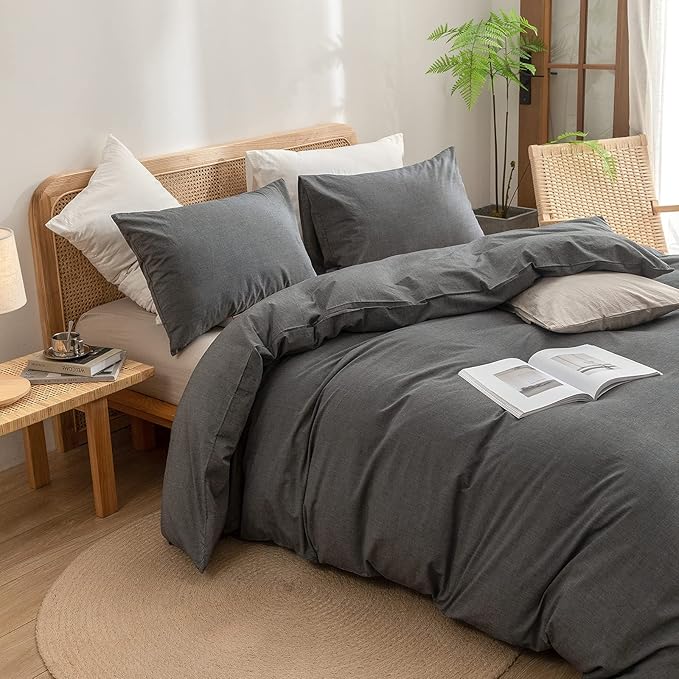 BESTOUCH Duvet Cover Set 100% Washed Cotton Linen Feel Super Soft Comfortable Chic Lightweight 3 PCs Home Bedding Set Solid Dark Grey Oversized Queen