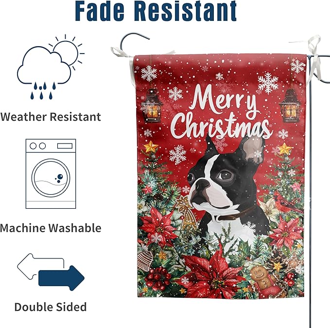 Christmas Boston Terrier Garden Flag Merry Christmas Dog Yard Flag for Outside Xmas Flags 12x18 Double Sided Red Poinsettia Garden Flags Winter Porch Decorations Outdoor