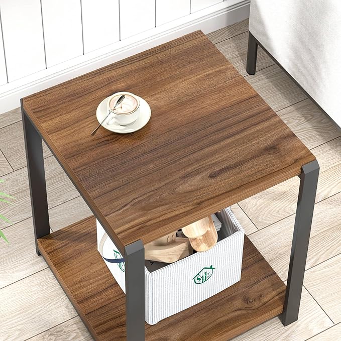 FOLUBAN Modern End Table, Square Side Table with Storage Shelf for Living Room, Rustic Wood Night Stand for Bedroom, Walnut