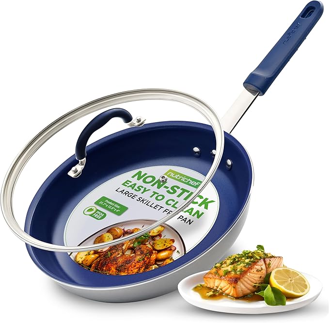 NutriChef 12" Fry Pan With Lid - Large Skillet Nonstick Frying Pan with Silicone Handle, Ceramic Coating, Blue Silicone Handle, Stain-Resistant, Easy To Clean, Professional Home Cookware