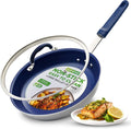 NutriChef 12" Fry Pan With Lid - Large Skillet Nonstick Frying Pan with Silicone Handle, Ceramic Coating, Blue Silicone Handle, Stain-Resistant, Easy To Clean, Professional Home Cookware