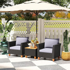 Tangkula 3 Pieces Patio Porch Furniture Set, PE Rattan Wicker Chair Conversation Set with Cushions and Storage Table, Outdoor Acacia Wood Bistro Set for Garden, Poolside (Grey)