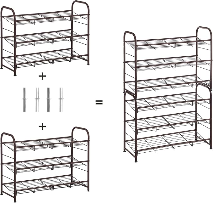 SONGMICS Shoe Rack, 3 Tier Shoe Organizer for Closet, Holds up to 12 Pairs of Shoes, Shoe Rack for Front Door Entrance, Metal Shoe Shelf with Adjustable Tilt Angle, for Entryway, Garage, Bronze