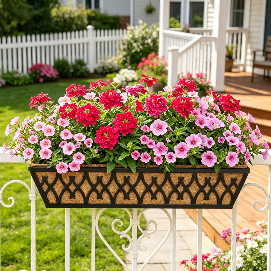 4 Pack 24 Inch Window Boxes Planters for Outdoor Plants Railing Planter Box with Adjustable Brackets for Windowsill Porch Fence Patio Hanging Flower Coco Baskets for Outside Decoration - Black